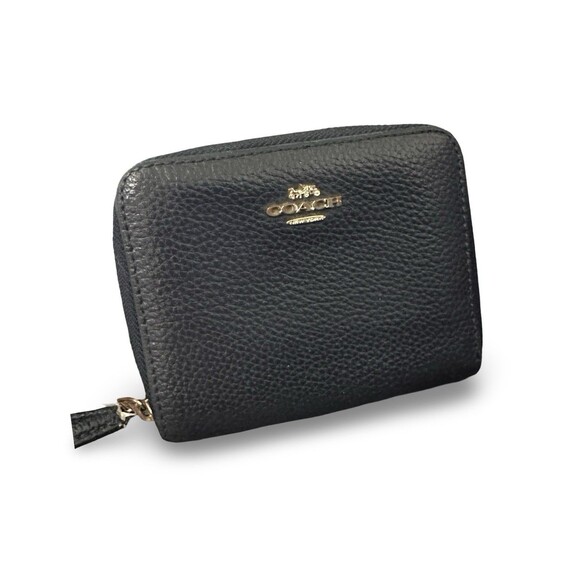 Coach Handbags - Coach Black Pebbled Leather Small Zip Around Wallet Coin Purse Gold Logo Good